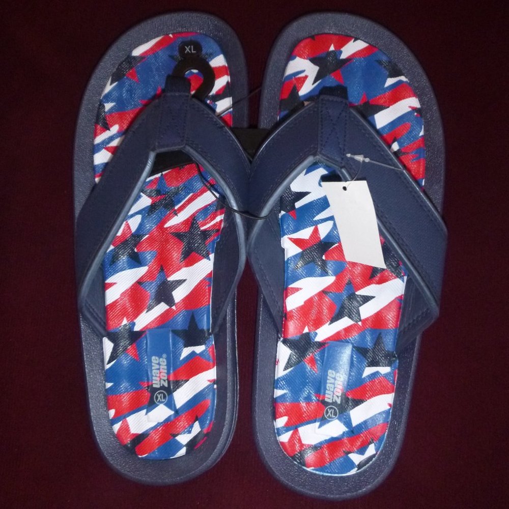 Mens Wave Zone Patriotic Stars & Stripes Flip Flops Size Sm 8 Med 9 Lar 10  NWT